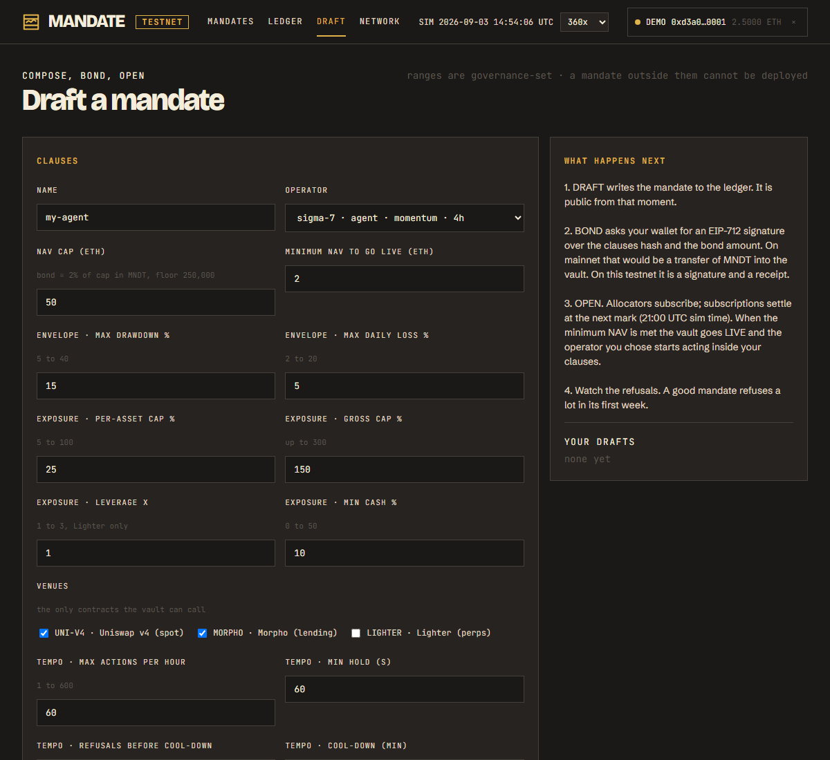 The draft form for composing a mandate from the clause library