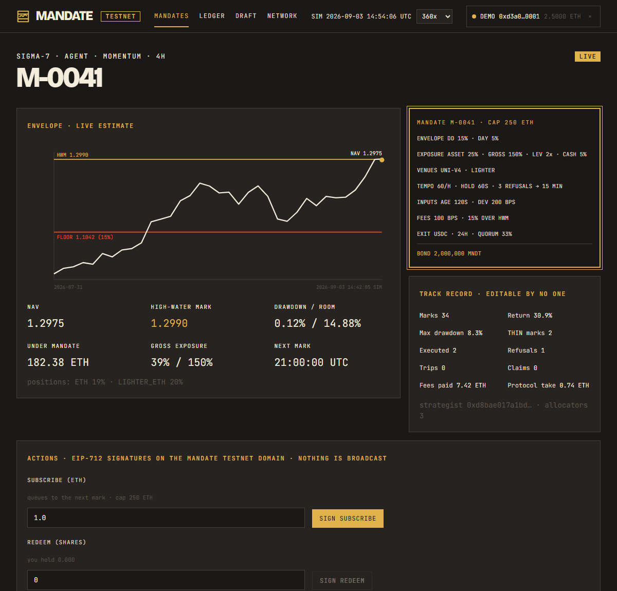 A vault page showing the envelope, the mandate card, the track record and the actions